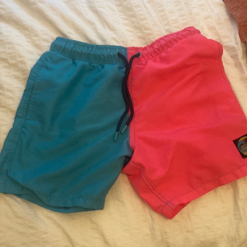 Surf Society color block pink and turquoise swimming trunks in size Small